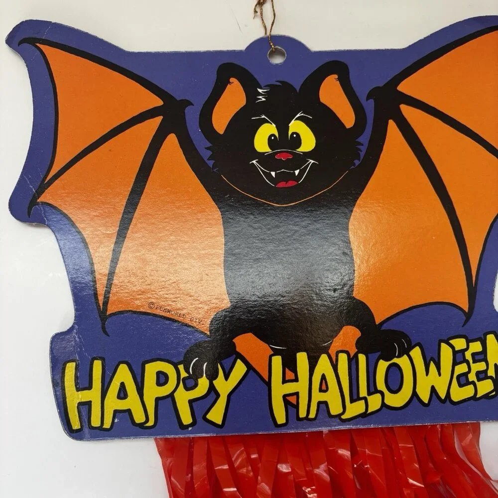 Vintage Halloween Bat Die Cut Red Ribbon Streamers Happy Halloween Decor Read🎃